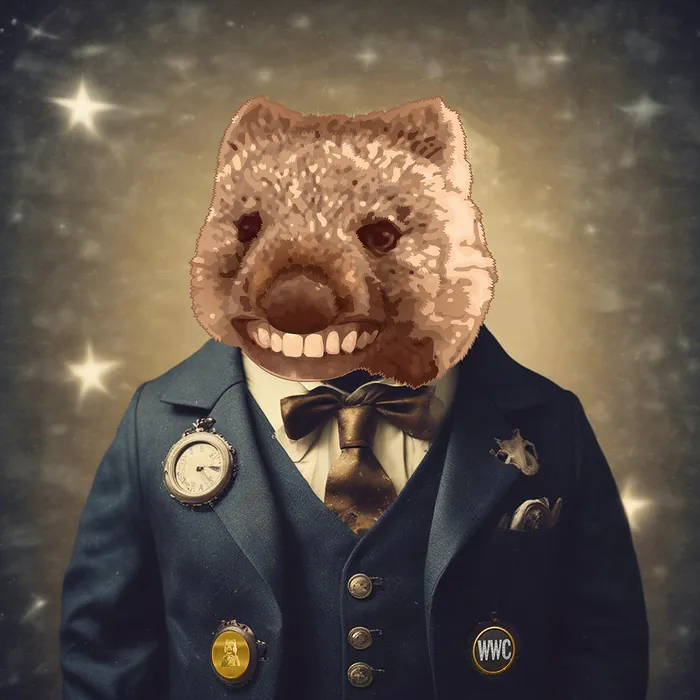 Portrait of Mr. W, a wombat in a blue suit and bow tie