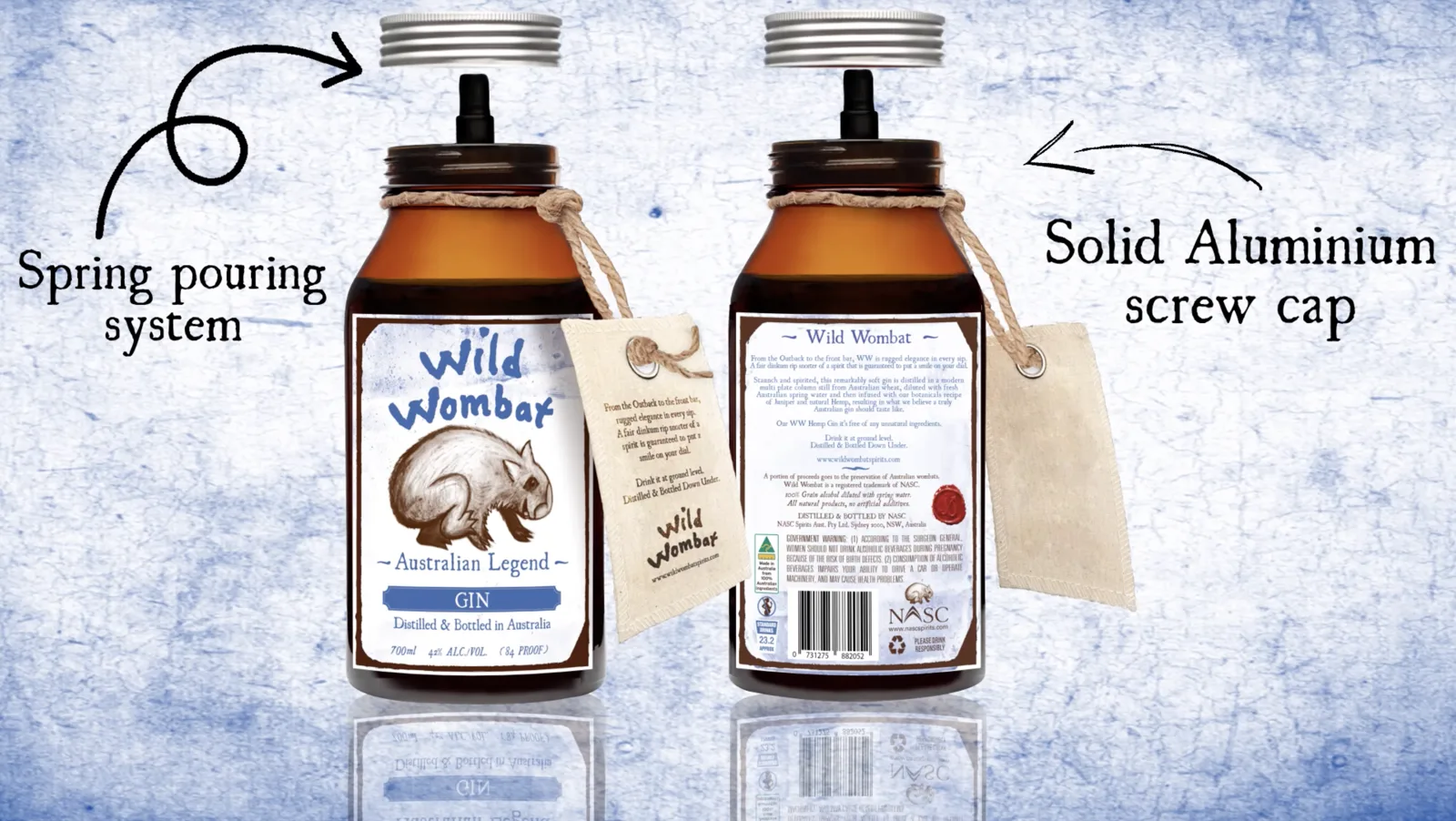 Two Wild Wombat Gin bottles labelled: spring pouring system and solid aluminium screw cap