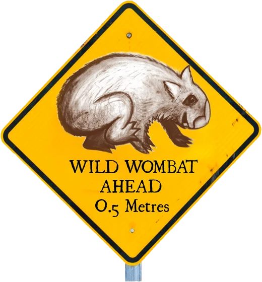 Road sign: Wild Wombat ahead, 0.5 metres