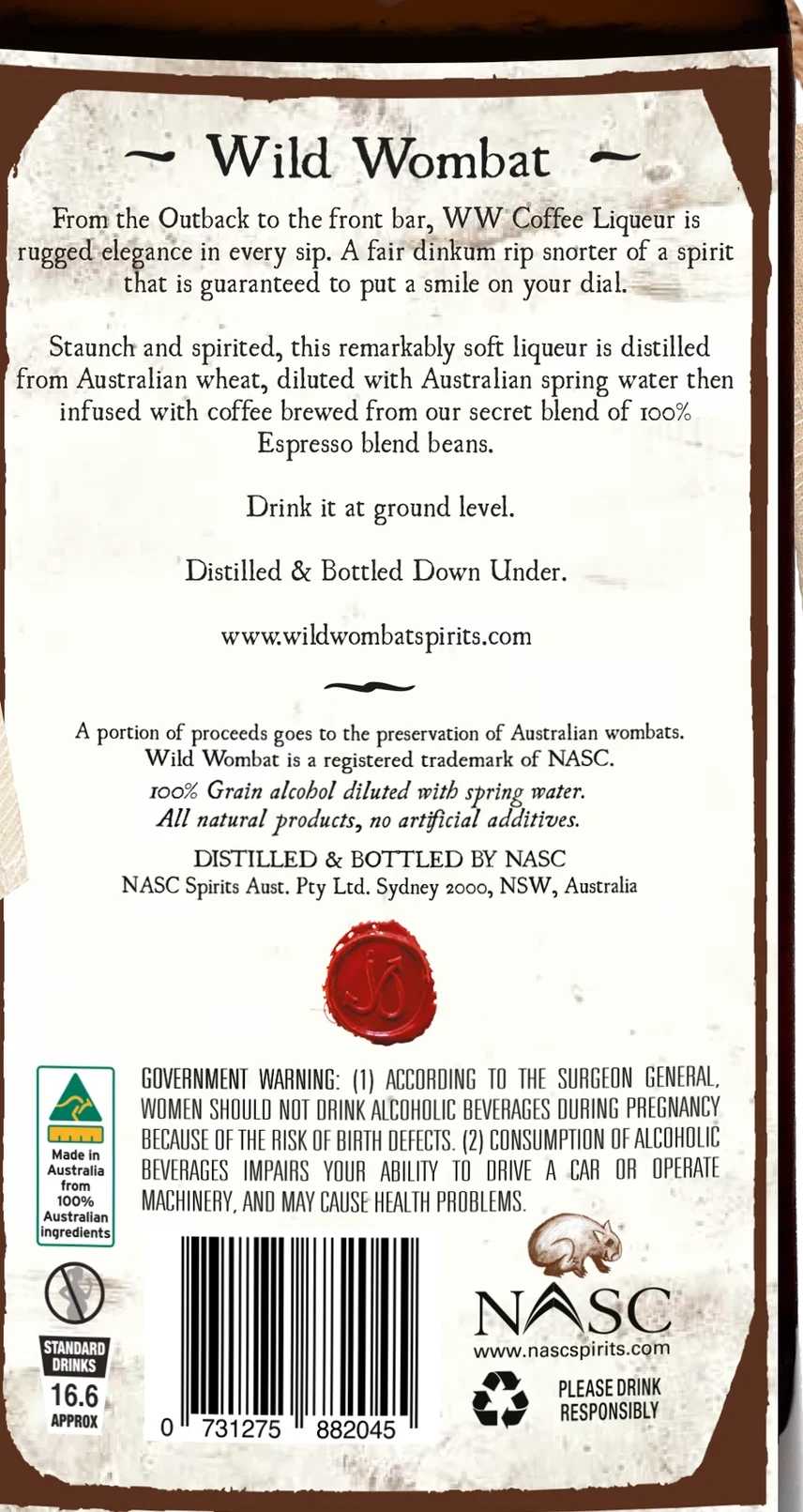 Wild Wombat Traveller Coffee Liqueur back label: description, ingredients, government warning and standard drinks