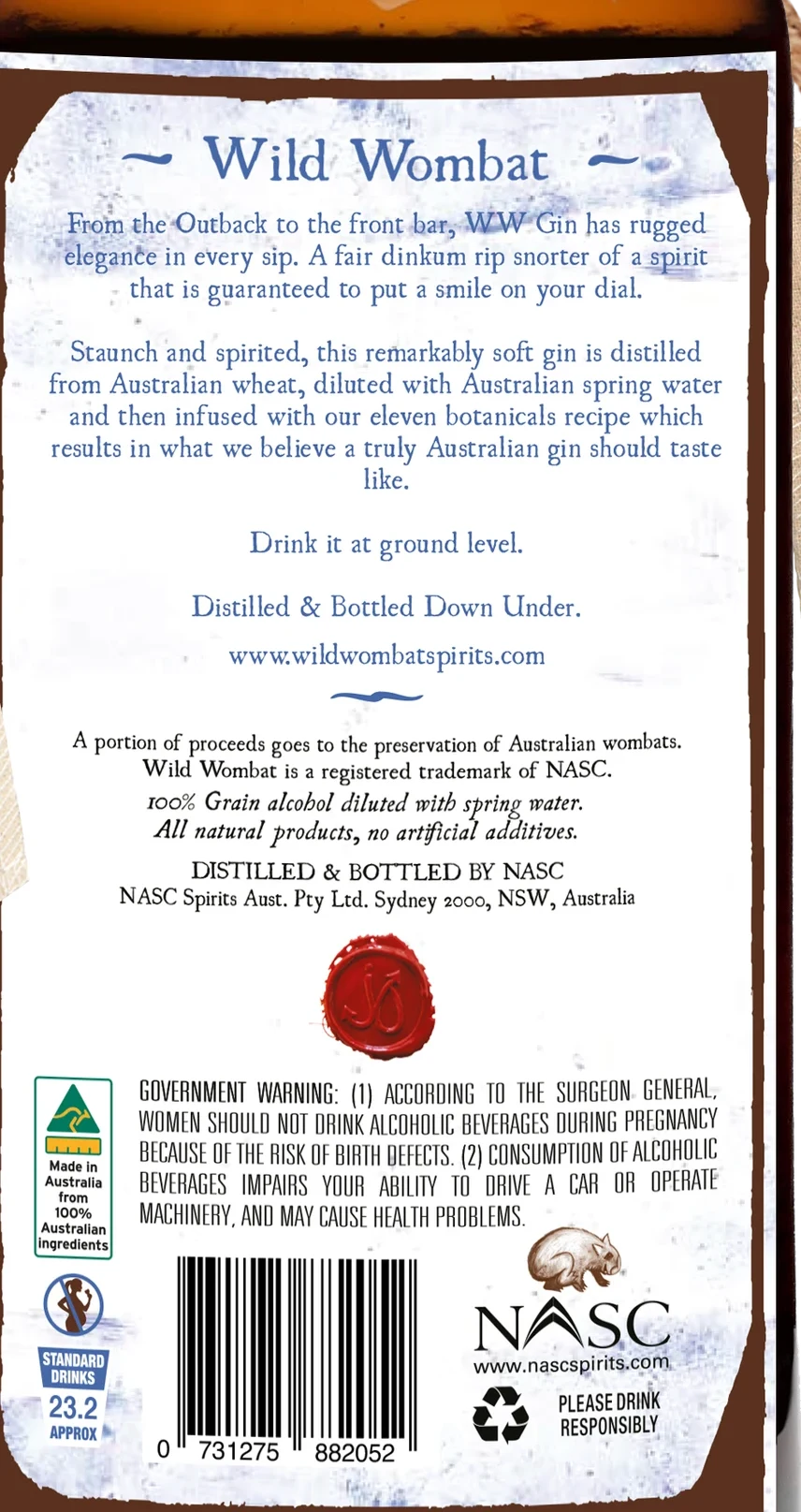 Wild Wombat Traveller Gin back label: description, ingredients, government warning and standard drinks