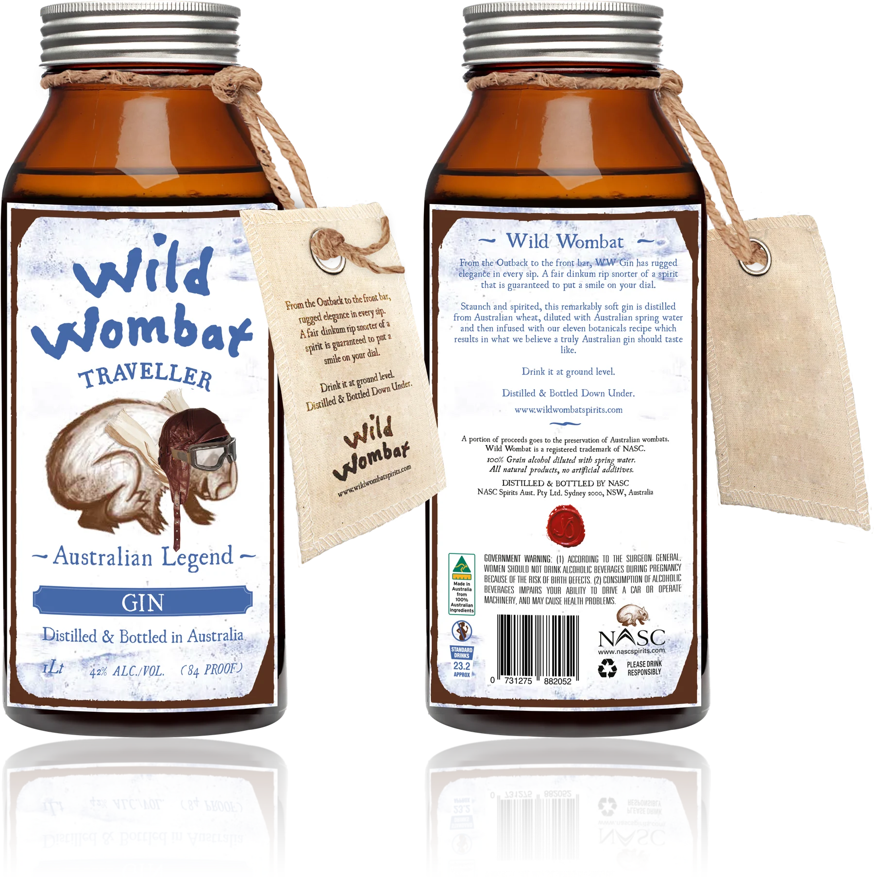 Wild Wombat Traveller Gin bottle, front and back