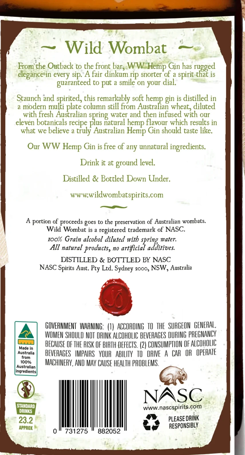 Wild Wombat Traveller Hemp Gin back label: description, ingredients, government warning and standard drinks