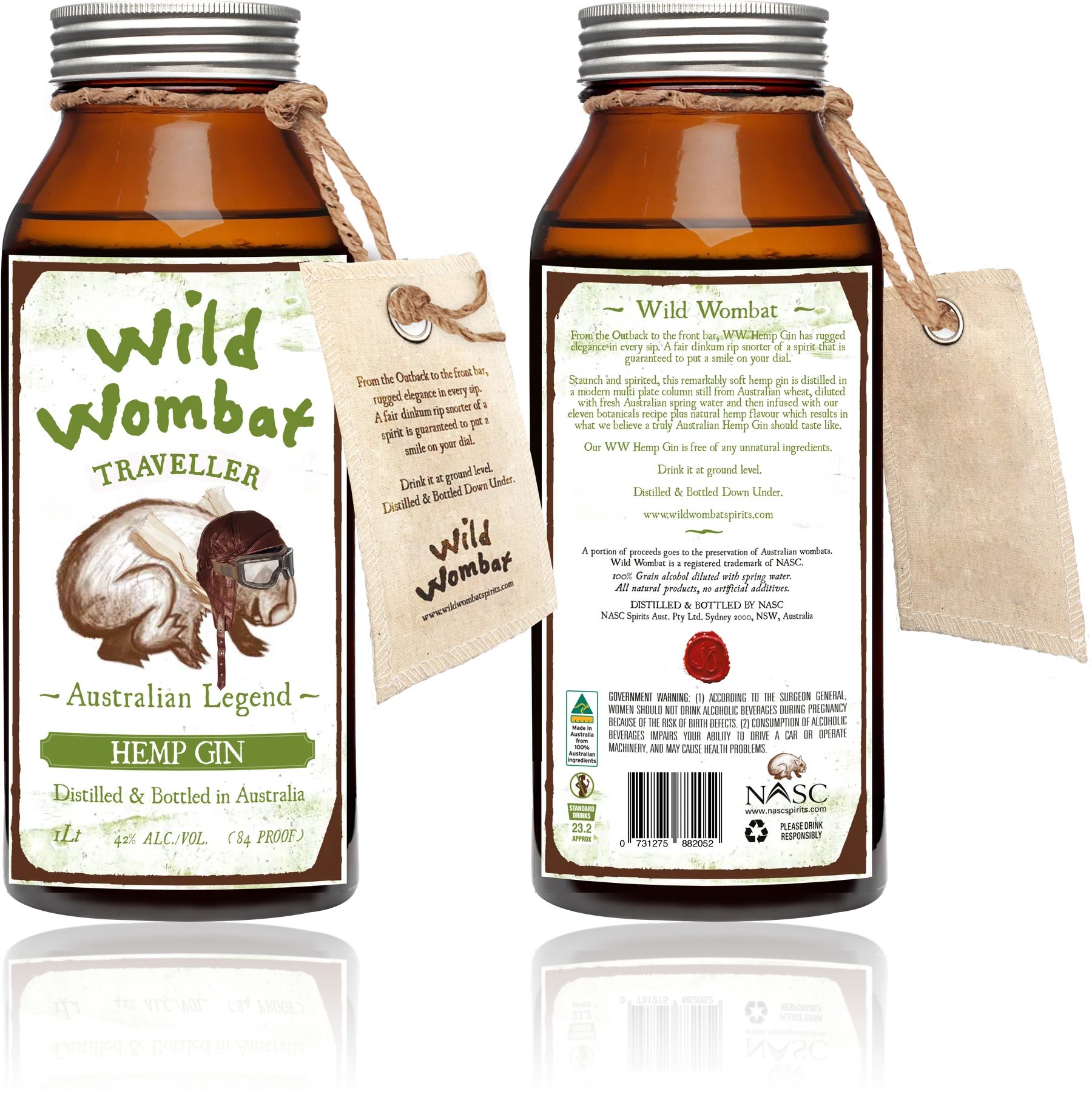 Wild Wombat Traveller Hemp Gin bottle, front and back