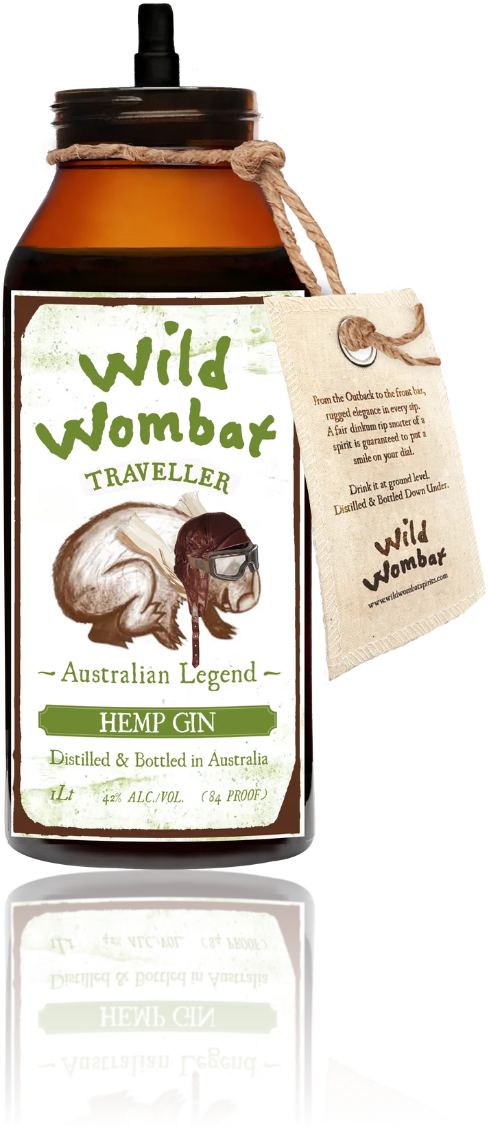 Wild Wombat Traveller Hemp Gin bottle with the cap off, showing the spring pourer