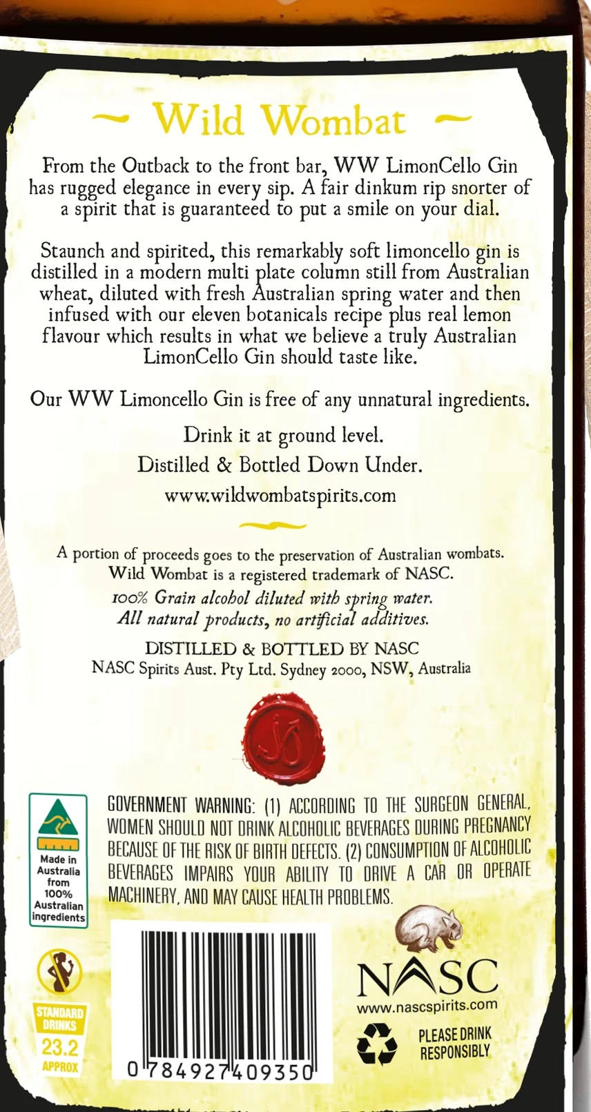 Wild Wombat Traveller LimonCello Gin back label: description, ingredients, government warning and standard drinks