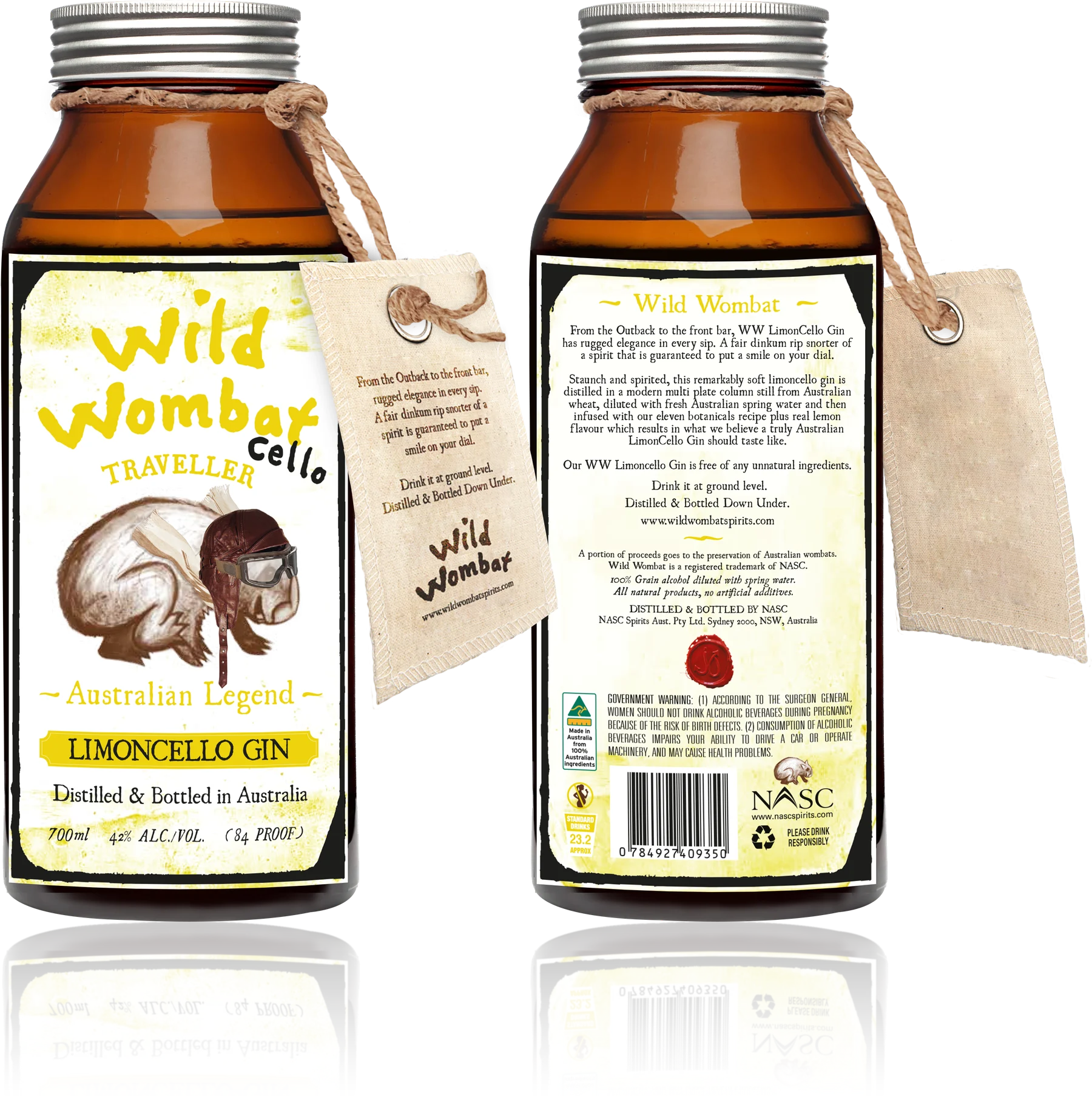 Wild Wombat Traveller LimonCello Gin bottle, front and back