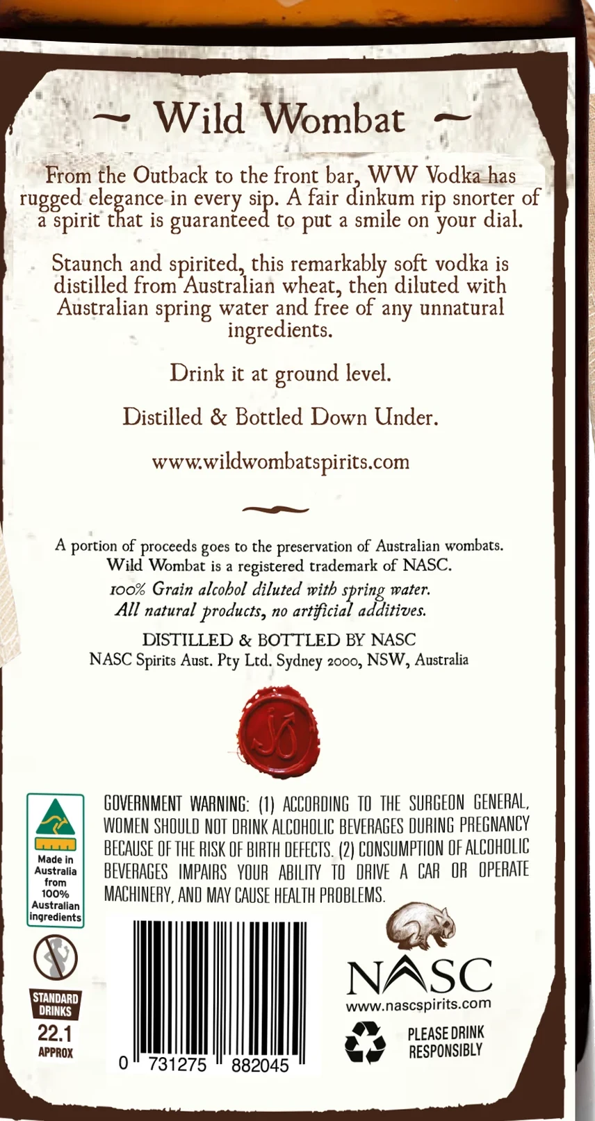 Wild Wombat Traveller Vodka back label: description, ingredients, government warning and standard drinks