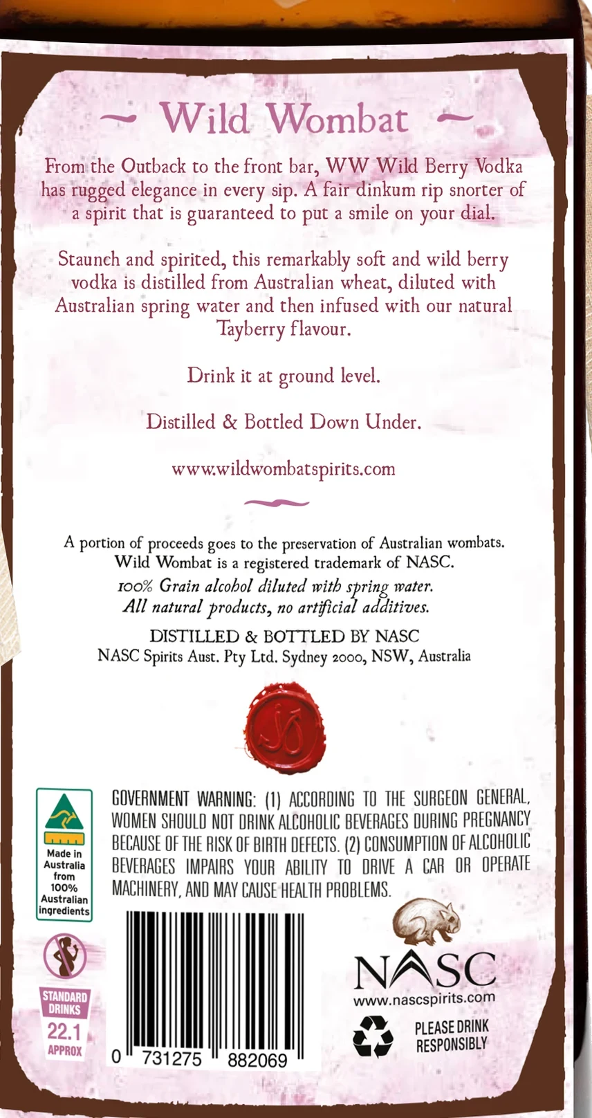 Wild Wombat Traveller Wild Berry Vodka back label: description, ingredients, government warning and standard drinks