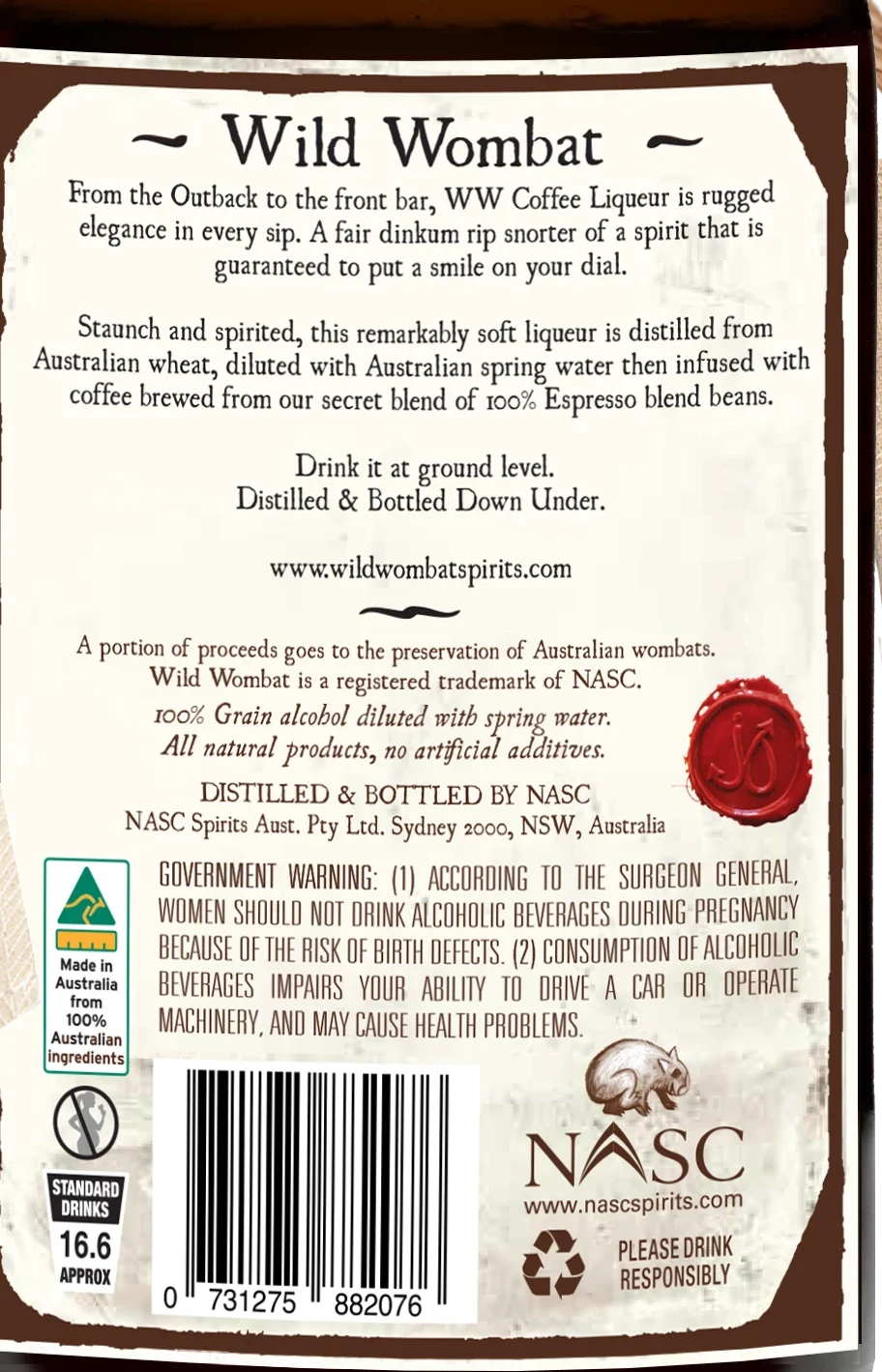 Wild Wombat Coffee Liqueur back label: description, ingredients, government warning and standard drinks