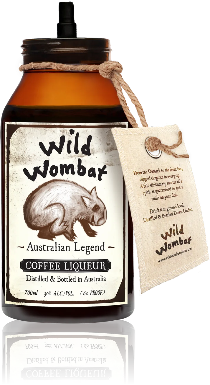 Wild Wombat Coffee Liqueur bottle with the cap off, showing the spring pourer