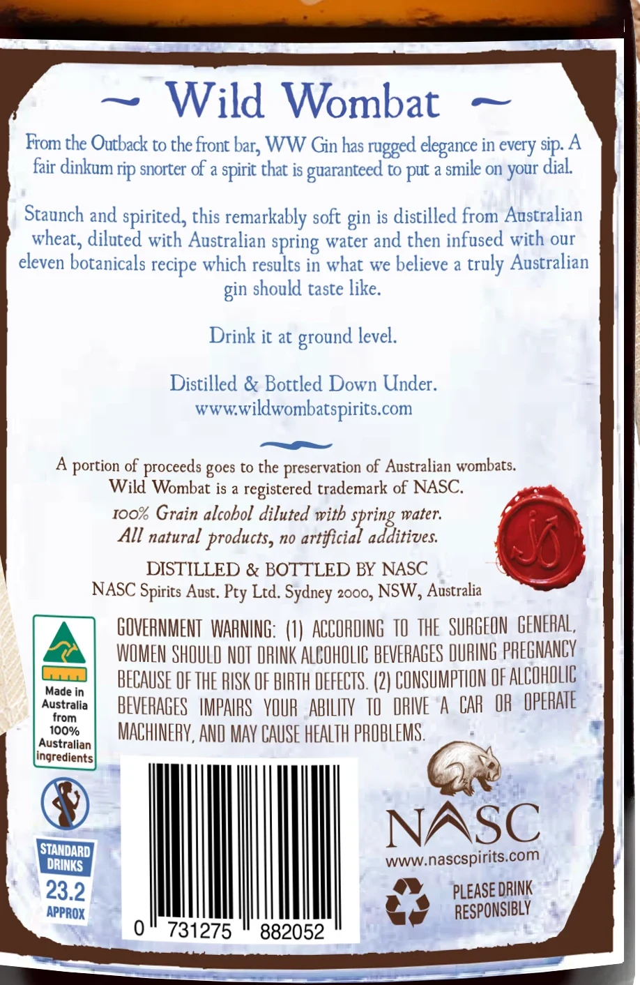 Wild Wombat Gin back label: description, ingredients, government warning and standard drinks