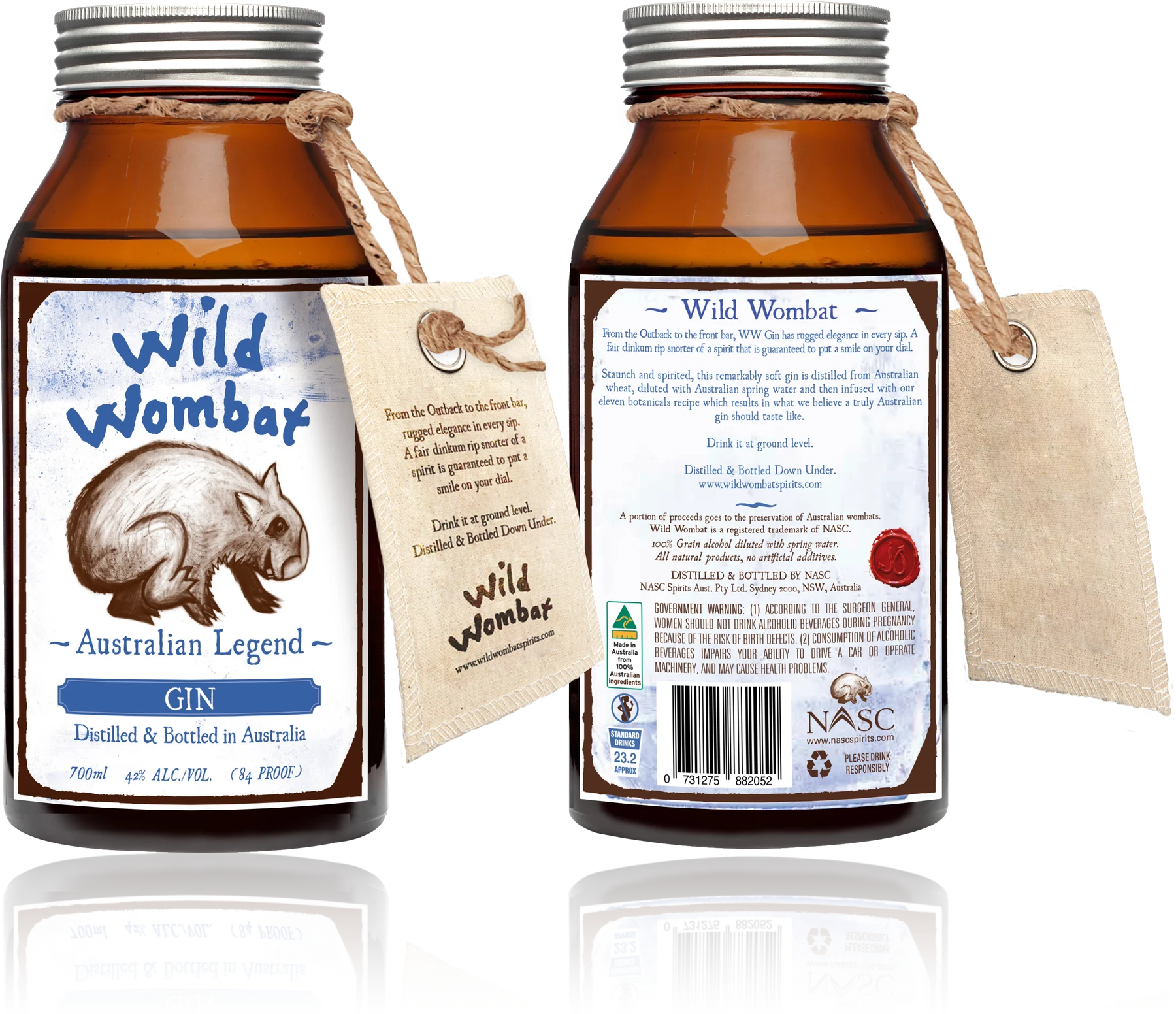Wild Wombat Gin bottle, front and back