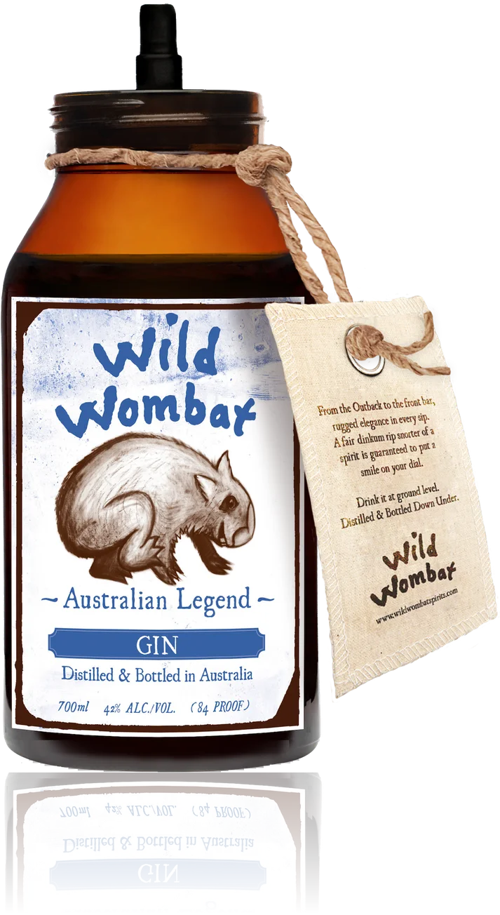 Wild Wombat Gin with the cap off, showing the black spring pourer