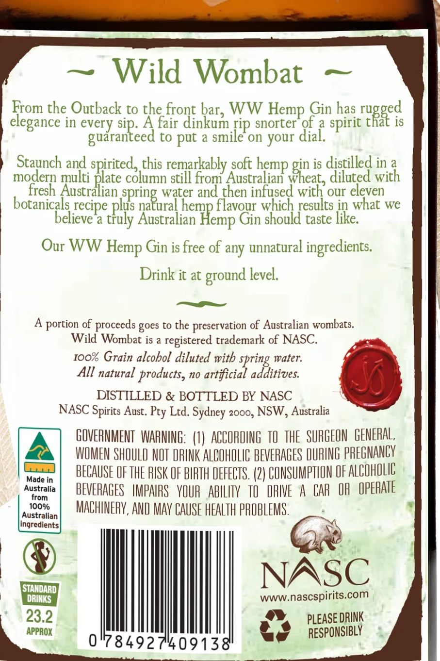 Wild Wombat Hemp Gin back label: description, ingredients, government warning and standard drinks