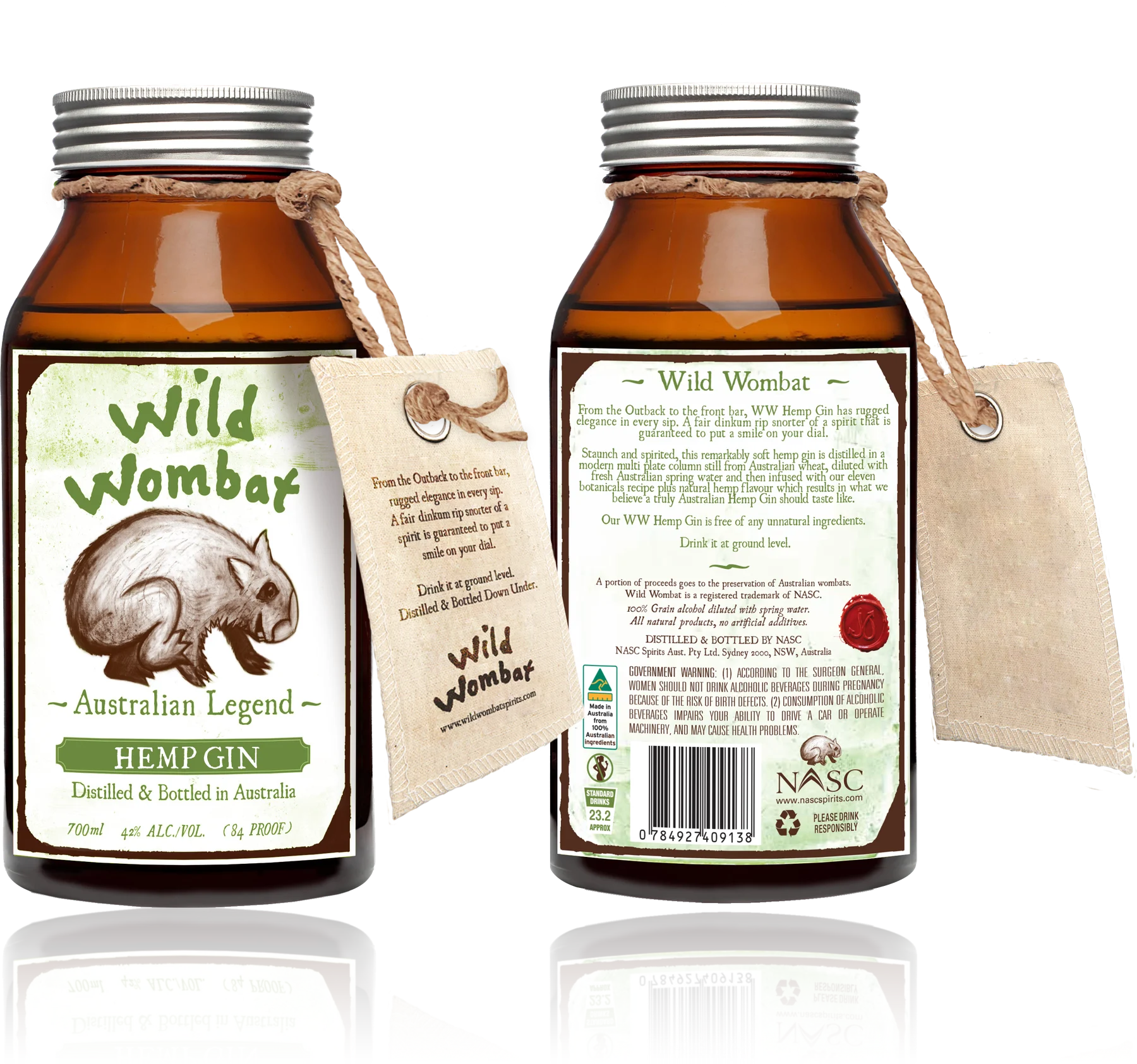 Wild Wombat Hemp Gin bottle, front and back