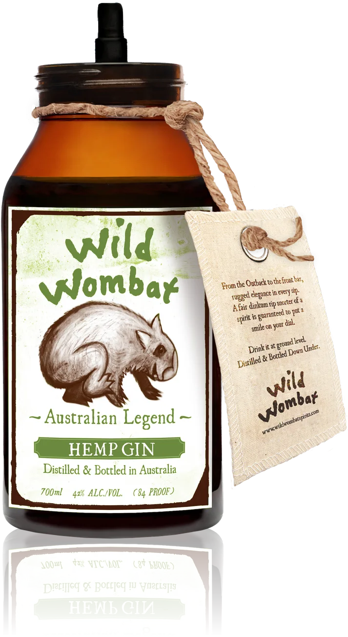 Wild Wombat Hemp Gin bottle with the cap off, showing the spring pourer