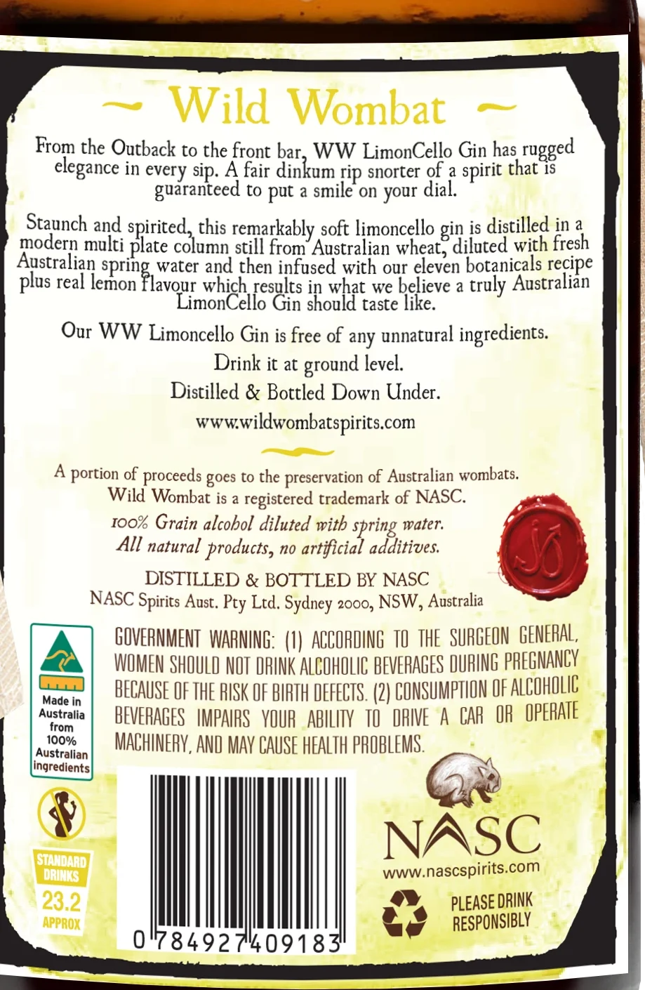 Wild Wombat LimonCello Gin back label: description, ingredients, government warning and standard drinks