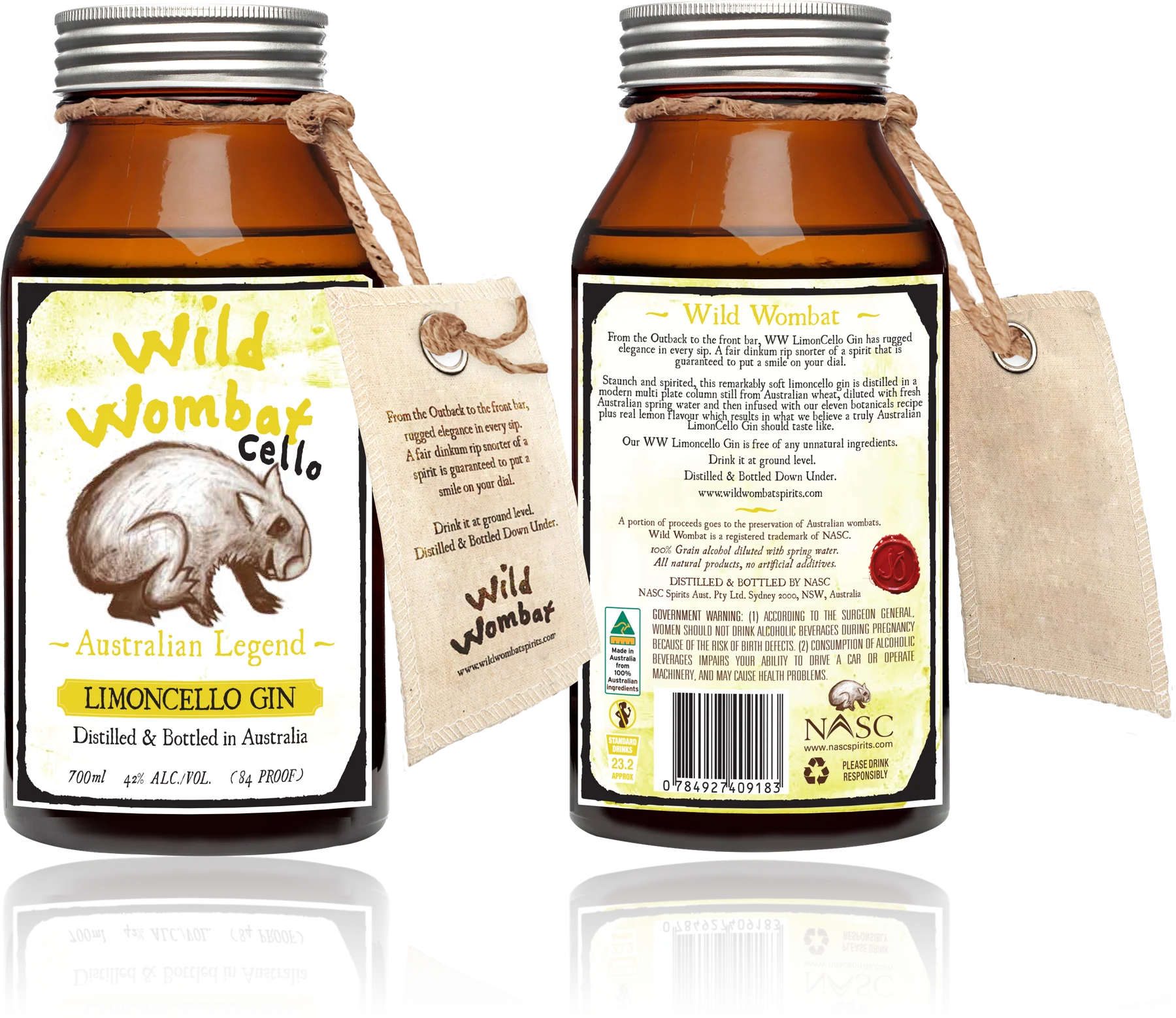 Wild Wombat LimonCello Gin bottle, front and back