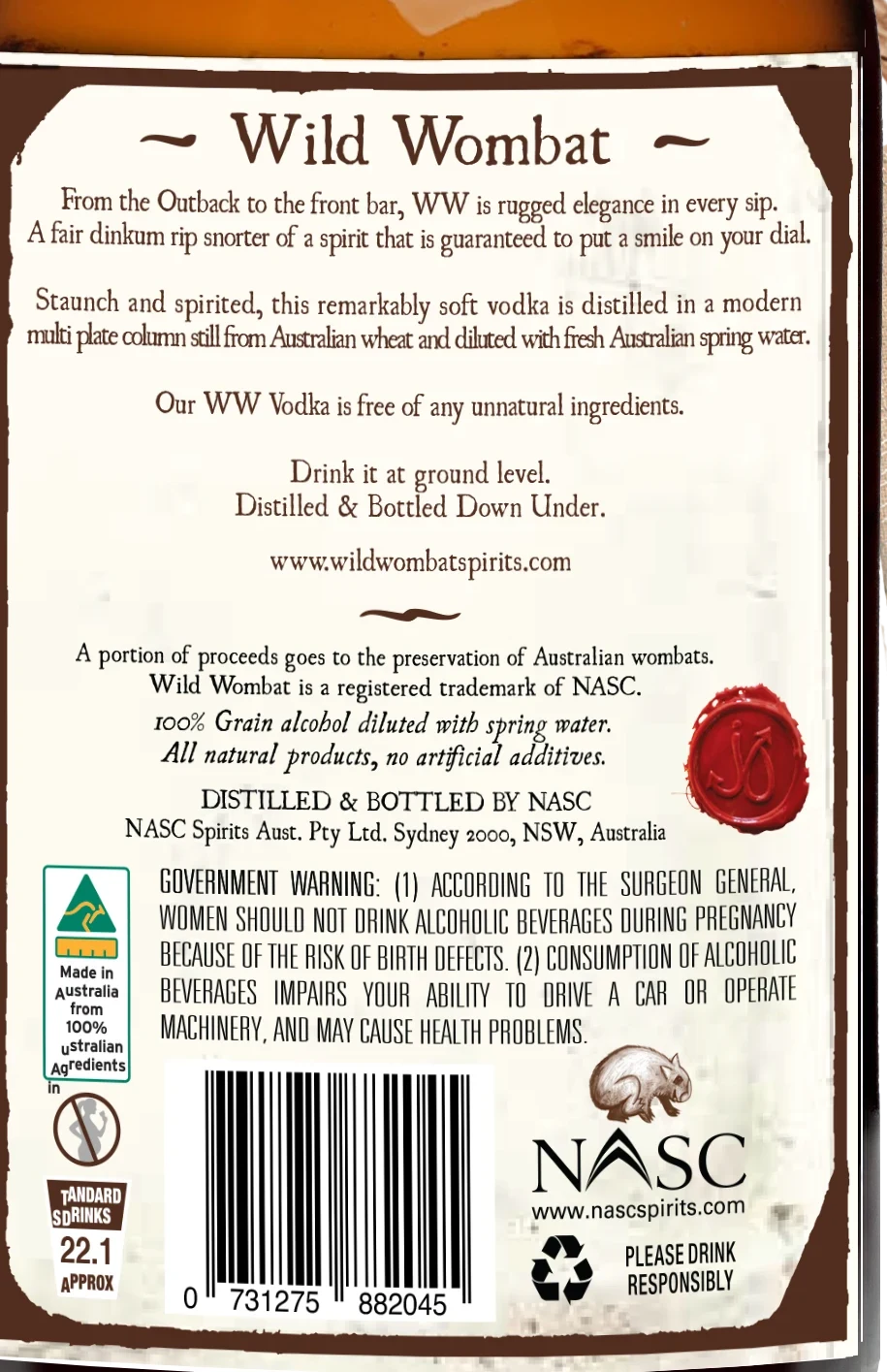 Wild Wombat Vodka back label: description, ingredients, government warning and standard drinks