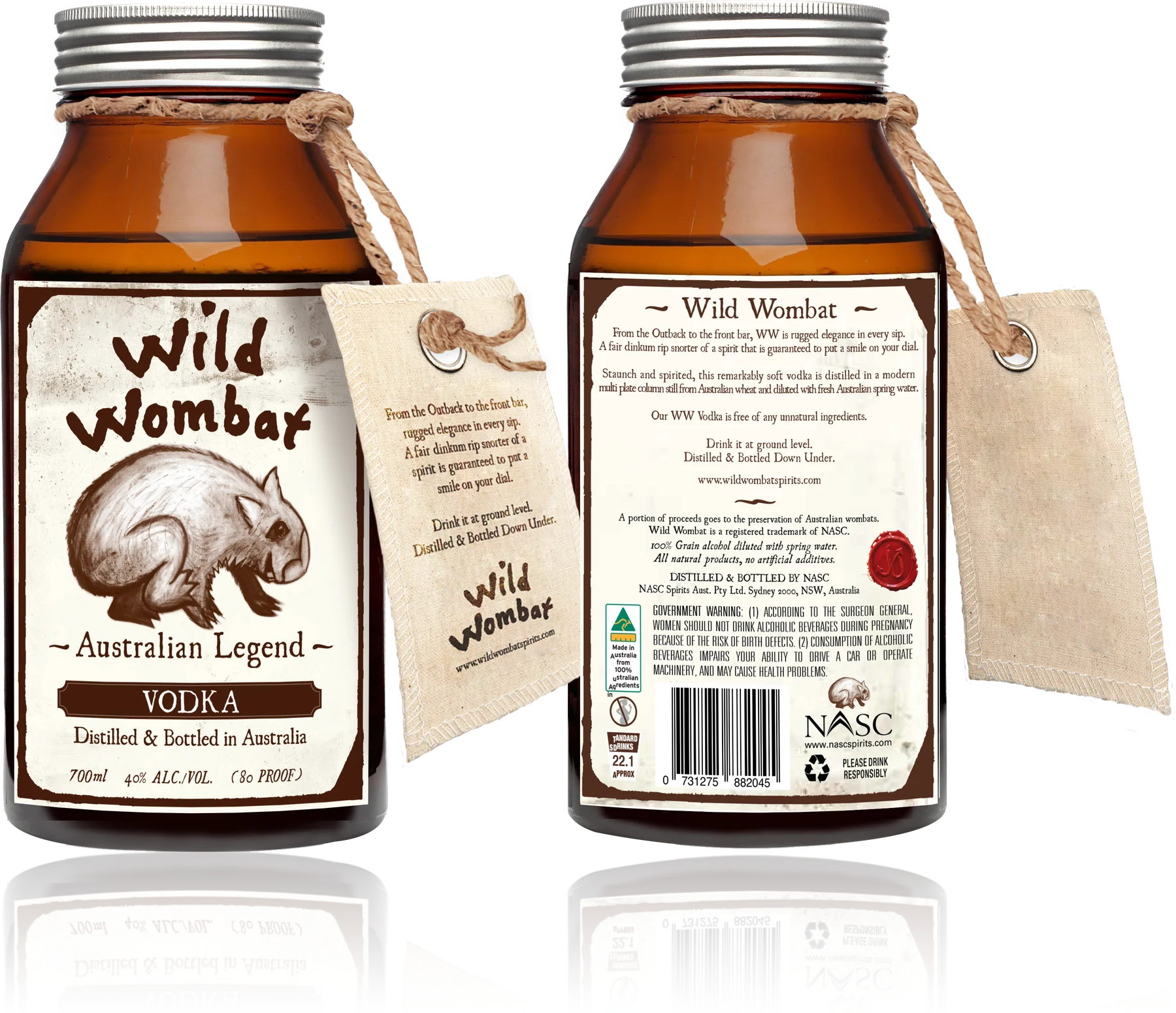 Wild Wombat Vodka bottle, front and back