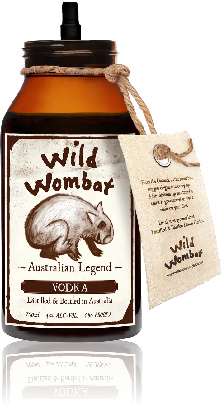 Wild Wombat Vodka bottle with the cap off, showing the spring pourer