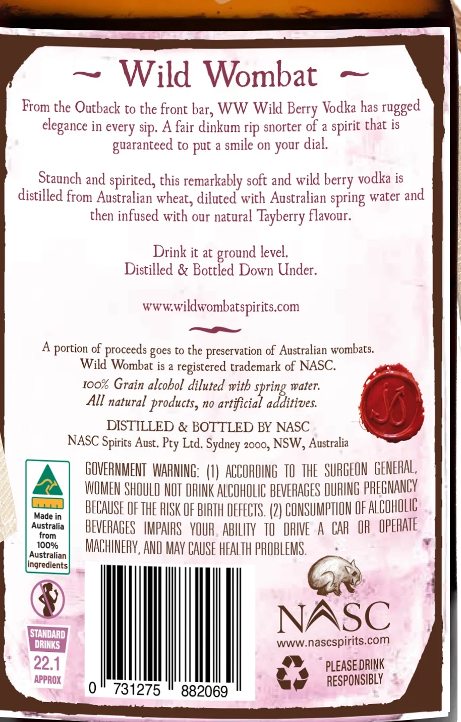 Wild Wombat Wild Berry Vodka back label: description, ingredients, government warning and standard drinks