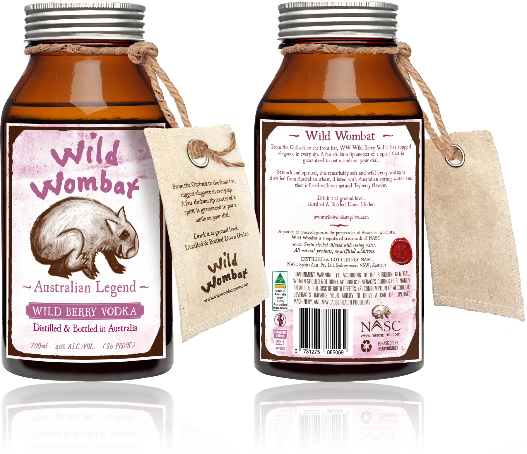 Wild Wombat Wild Berry Vodka bottle, front and back